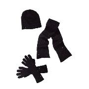 Love Label - Rib Knit Skinny Scarf, Long Gloves and Hat with Stone Detail